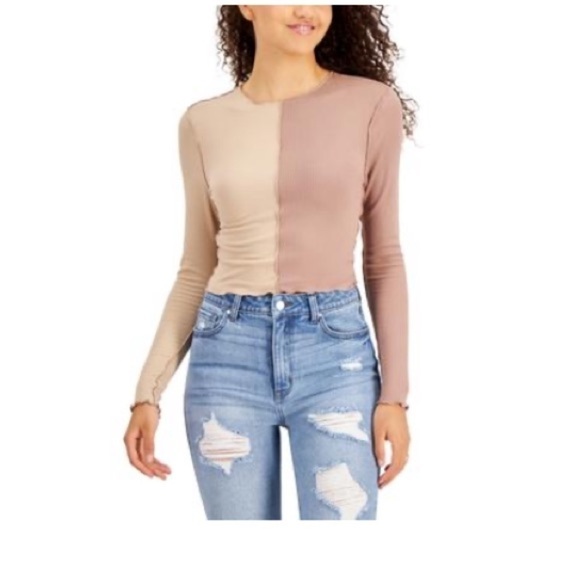 Just Polly juniors’ colorblocked top tan, cacao size Large - Picture 4 of 4